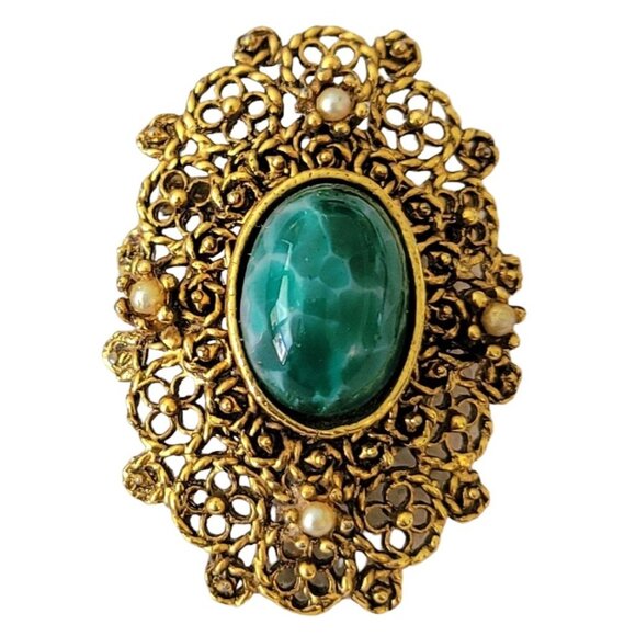 Gold Tone Vintage Oval Filigree Green Mottled Cab Faux Pearl Brooch E851 - Picture 1 of 9